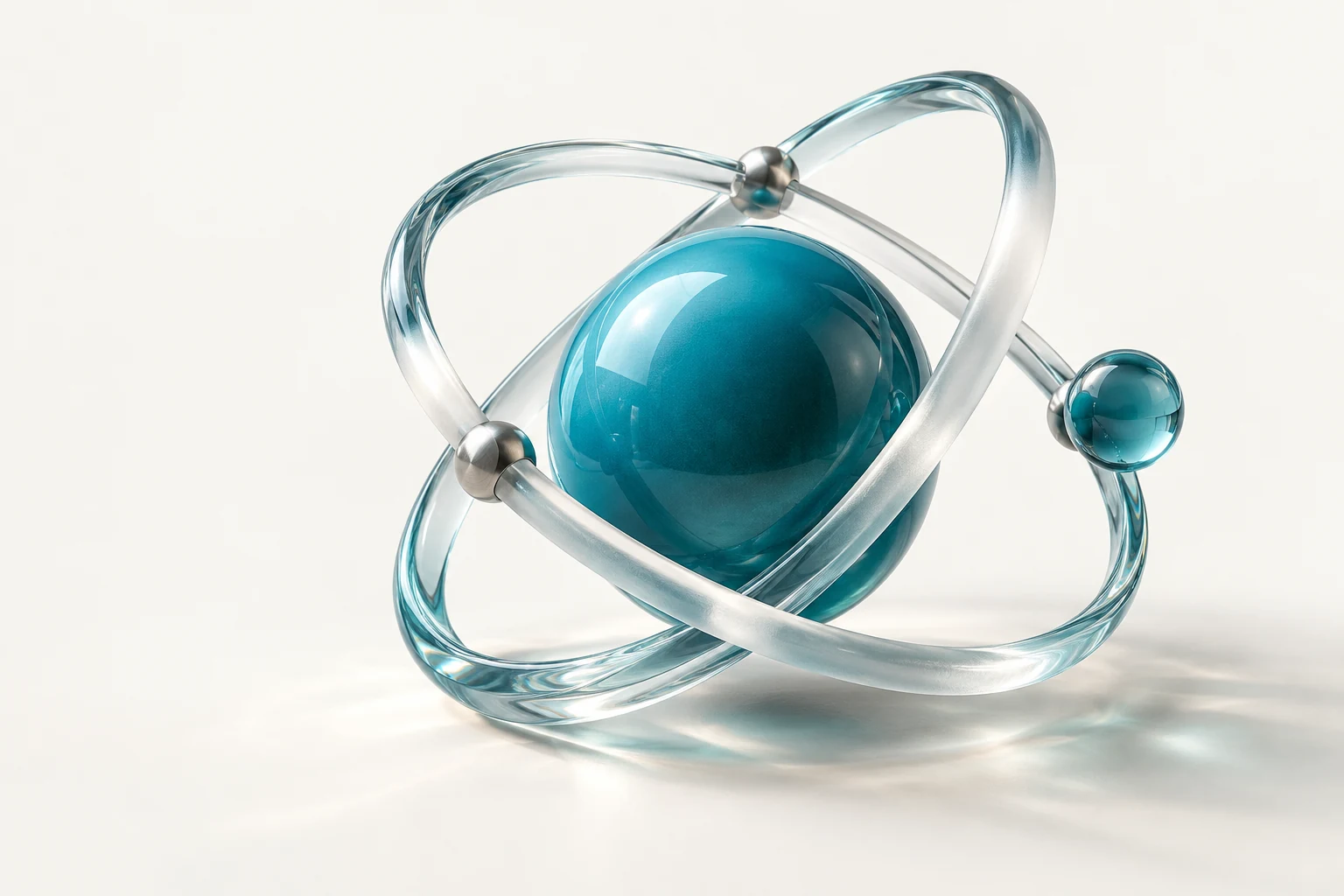 Glass orbits connect around a teal core, a visual metaphor for enterprise knowledge