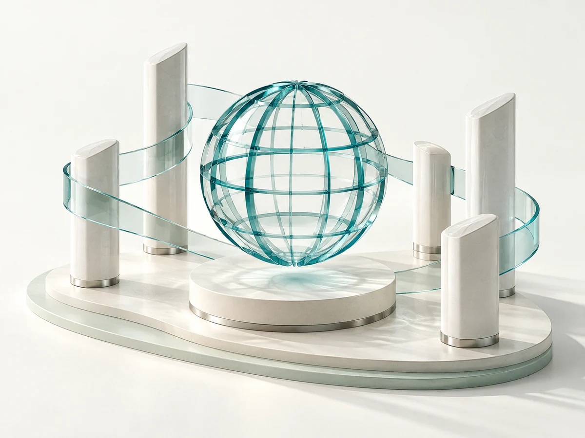 A translucent teal globe and connected porcelain forms representing business intelligence across markets.