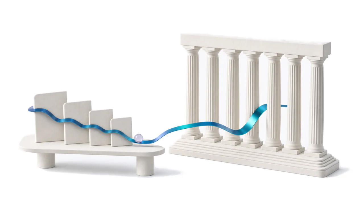 A long porcelain colonnade beside a table of blank document leaves, a blue ribbon passing from the columns across each leaf.